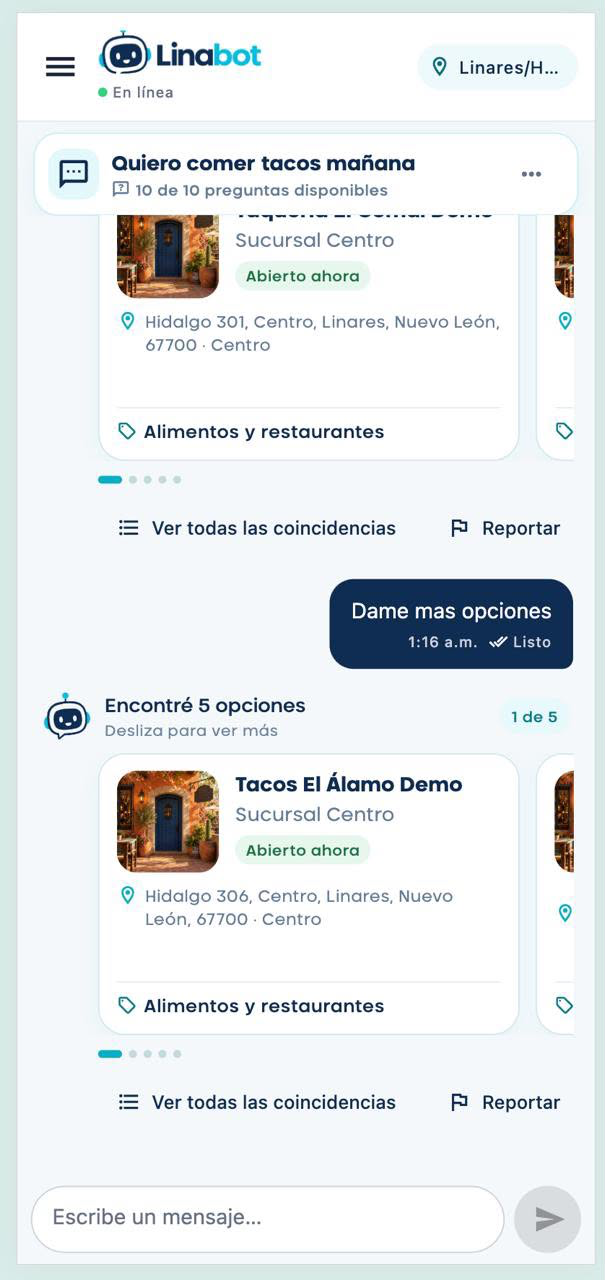 Vista de una conversación en la app móvil de Linabot mostrando resultados de negocios locales